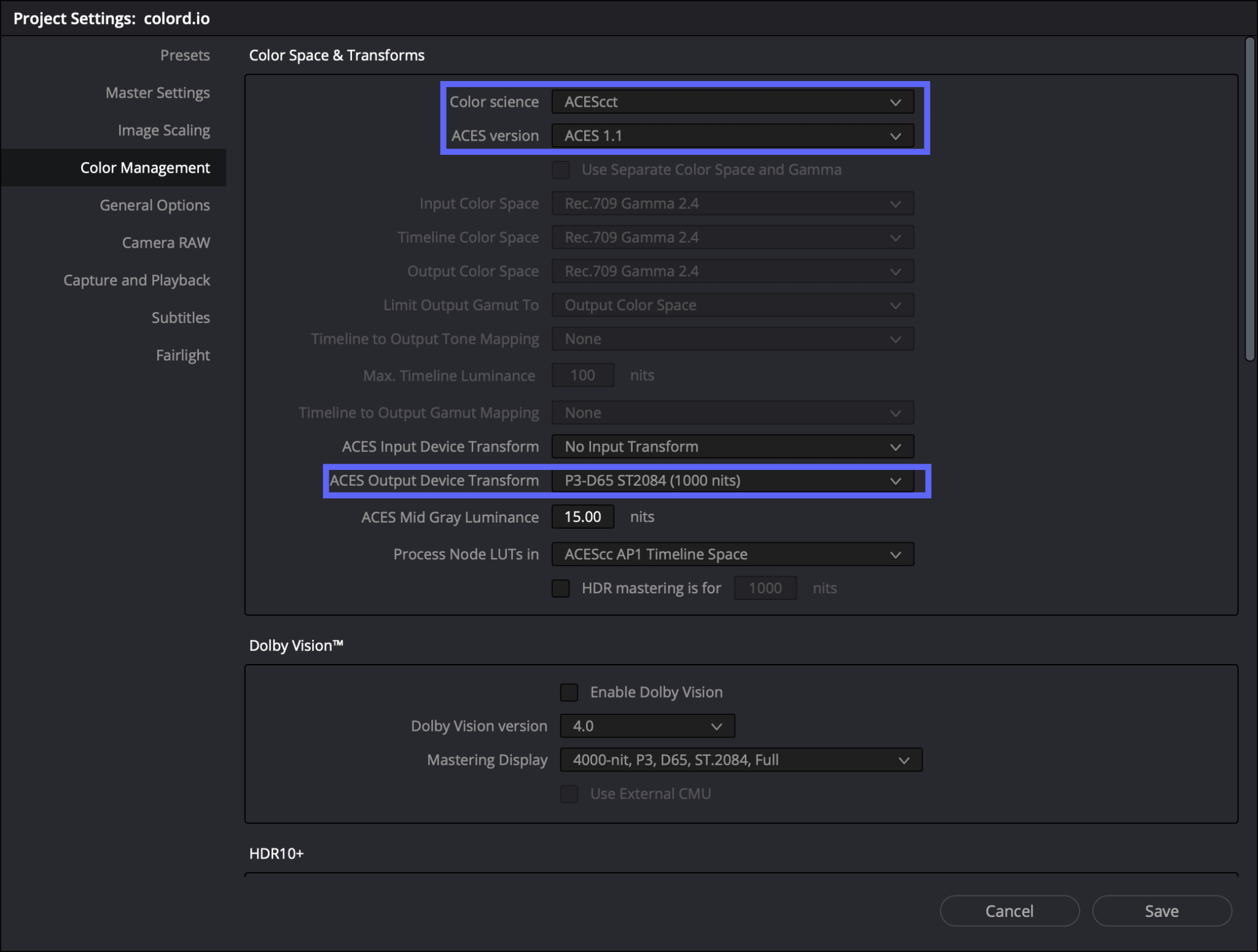 How to setup ACES colour managed workflow in DaVinci Resolve for use